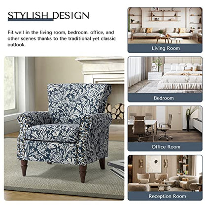 HULALA HOME Traditional Floral Accent Chair with Solid Wood Legs, Navy | Comfy Upholstered Armchair Reading Chair with Rolled Armrests, Nailhead Trim, Removable Cushion, for Living Room Bedroom - color: Navy