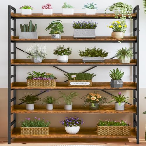 HCHQHS 6 Tier Bookshelf, Adjustable Industrial Bookcase, Vertical Tall Book Shelf, Wood and Black Metal Open Bookshelves for Home Office, Living Room, Bedroom - color: Rustic Brown, size: 6-Tier (47"W x 70"H)