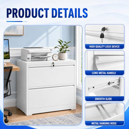 2 Drawer Lateral File Cabinet with Lock, 35.4" W File Cabinet - color: White, size: 35.4"W - 2 Drawer