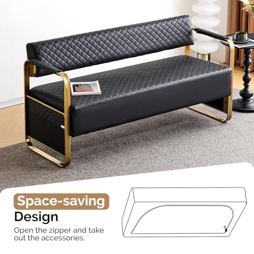 OmySalon Waiting Room Chairs with Arms, 57.5’’ Office Guest Chair upholstered Bench Seating, Reception Furniture for Beauty Salon Barbershop Airport Bank Hall Room Conference, Black&Gold