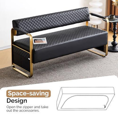 OmySalon Waiting Room Chairs with Arms, 57.5’’ Office Guest Chair upholstered Bench Seating, Reception Furniture for Beauty Salon Barbershop Airport Bank Hall Room Conference, Black&Gold