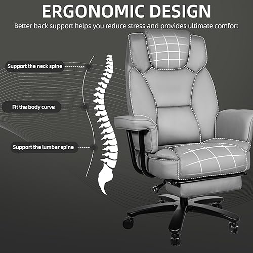 Reclining Office Chair with Footrest, Big and Tall Home Office Desk Chairs 400lbs with High Back, Criss Cross Wide Seat, Heavy Duty Base, Pu Leather, Grey - color: Grey
