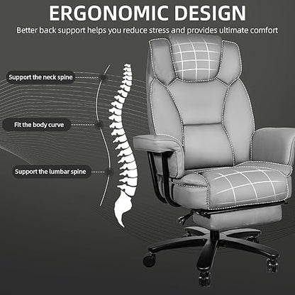Reclining Office Chair with Footrest, Big and Tall Home Office Desk Chairs 400lbs with High Back, Criss Cross Wide Seat, Heavy Duty Base, Pu Leather, Grey - color: Grey