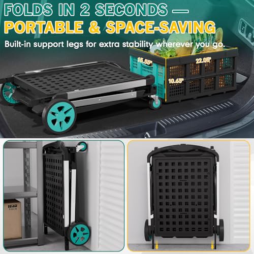 Beyond Collapsible Shopping Cart on Wheels, Shopping Cart with 2 Storage Crates, 2-Tier Multi Functional Utility Cart for Grocery/Warehouse/Office/Supermarket - Blue