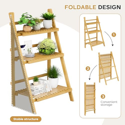 Foldable Ladder Shelf 39.4", Plant Shelf 3 Tier, Bamboo Ladder Bookshelf - color: 3-tier Natural