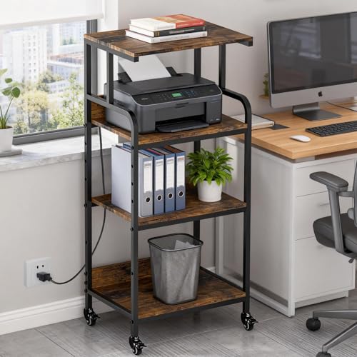 Rustic Brown 4 Tier Adjustable Mobile Printer Stand Rolling Cart | Tall space saving design for small home office holds scanner cricut heat press fax machine and various desktop equipment - color: 4-Tier Rustic Brown