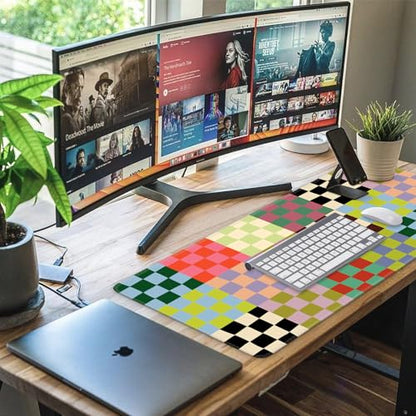 iCasso Desk Mat,Cute Desk Cover for Women,35.4x15.7in,Checkered | Computer Mat for Home Office,Non-Slip Mousepad with Stitched Edges,Retro Keyboard Mat,Smooth Water-Resistant - color: A-Retro Checkered