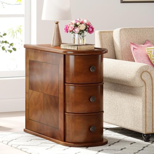 Wood End Table with 3 Drawers, No Assembly Required Narrow Sofa Side Table for Living Room, Vintage Slim Nightstand Bedside Table for Bedroom (3 Drawers, Brown, 1Pc) - color: Brown, size: 1Pc, style: 3 Drawers
