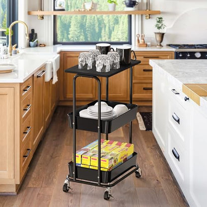 Simple Houseware 2-Tier Rolling Utility Cart Wood Top/Lockable Wheel, Black | Metal Storage Organizer Trolley for Kitchen, Bathroom, Office, Craft Room - color: Black