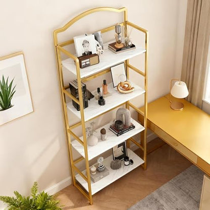 JSB 4 Tier No Assembly Folding Bookshelf, Arched Bookshelf, Foldable Bookcase for Living Room, Bedroom, Office,Skinny Bookshelf (White and Gold) - color: White and Gold, size: 4-Tier