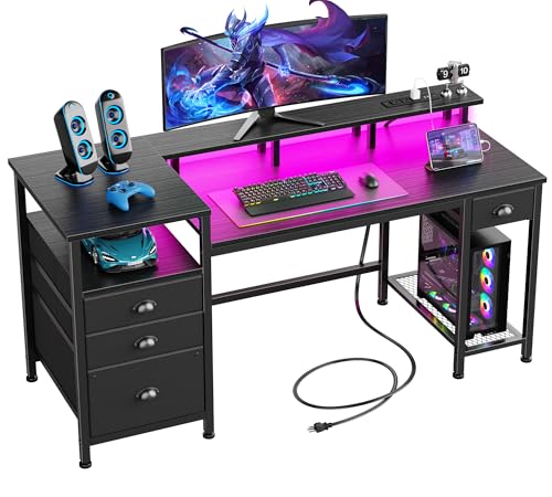 Furologee 60" Gaming Desk with 4 Drawers & LED Lights, Power Outlet, Black - color: Black, size: 60 Inch