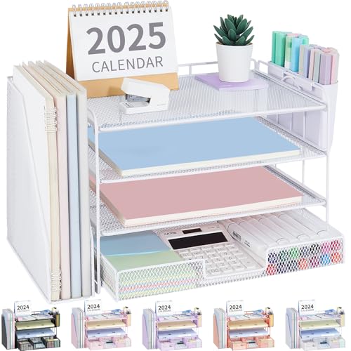OPNICE Desk Organizer, 4-Tier Desktop File Organizer with Drawer and Pen Holders, Office Desk Accessories, File Sorters, Workspace Organizers for Office Supplies(White) - color: White, size: 4T