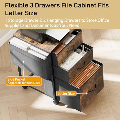 VINGLI 3 Drawer File Cabinet with Side Bag, Rolling File Cabinet Mobile Under Desk File Cabinet with Wheels, Fabric Drawers Printer Stand for Home Office, Fits Letter Size, Rustic Brown - color: Rustic Brown, size: Small 3 Drawers