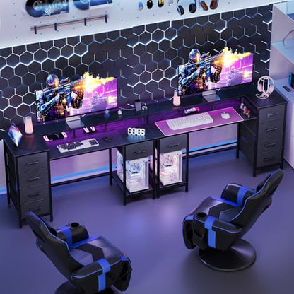 Korfile 55 Inch Gaming Computer Desk with Power Outlets,LED,5 Drawers,Black - color: Black, size: 55 Inch