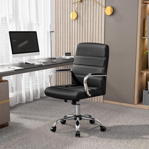 Yaheetech Black Office Chair PU Leather Swivel Rocking Desk Seat with Arms | Foam-padded channel-stitched PU leather back supports desk hours; chrome frame rocks, adjusts in height, rolls on casters. - color: Black