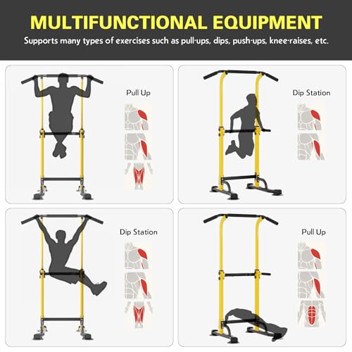 soges Power Tower Pull Up Bar Station, Free Standing Pull Up Rack Dip Station for Home Gym, Height Adjustable Home Strength Training Fitness Workout Equipment - color: Yellow