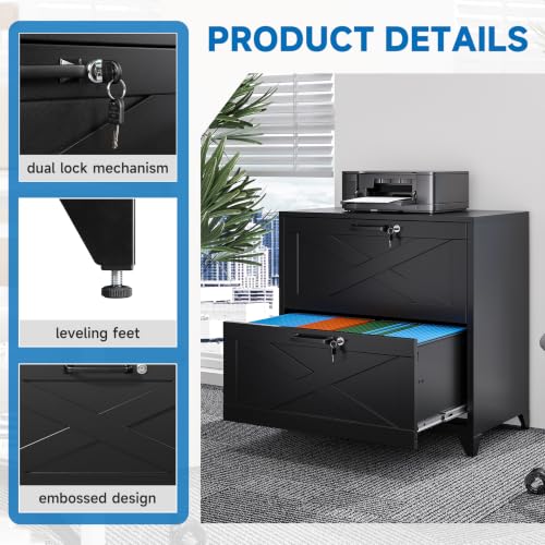 BYNSOE 2 Drawer Lateral File Cabinet Metal Filing Cabinet with Lock Office Home Steel Lateral File Cabinet for A4 Legal/Letter Size Lockable Wide Metal Cabinet,Assembly Required - color: Black, size: 2 Drawers-3