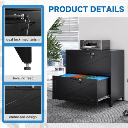 BYNSOE 2 Drawer Lateral File Cabinet Metal Filing Cabinet with Lock Office Home Steel Lateral File Cabinet for A4 Legal/Letter Size Lockable Wide Metal Cabinet,Assembly Required - color: Black, size: 2 Drawers-3