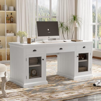 Executive Desk with Power Outlets & USB Charging Station, 67.7" Computer Desk with 3 Drawers & 2 Cabinets Glass Doors, Modern Wood Home Office Desk for Bedroom,Living Room,Study Room, White