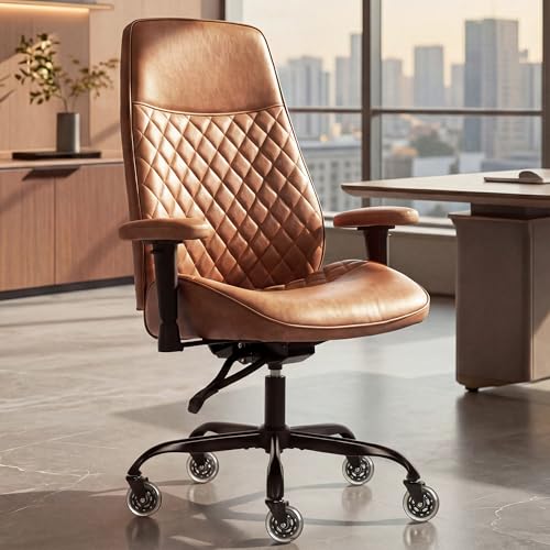 NEO CHAIR Brown Leather Office Chair with Ergonomic Design, Swivel Chair | Modern Computer Desk Chair with Lumbar Support, Adjustable Height Arms, Comfy Chair for Home Office, Smooth Rolling Design - color: E. High-back Brown