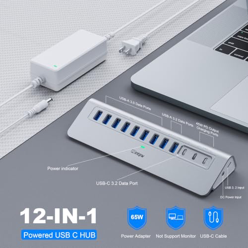 Powered USB Hub 10Gbps, intpw YH9AC 12-Port USB 3.2 Hub (USB C 3.2+2 USB A 3.2, 7 USB 3.0, 2 PD 45W Charging Ports), 65W Power Adapter + 3.3FT Cable, Aluminum USB Hub for PC/Laptop/iPhone 17/16/PC - color: Silver, size: 12 Port