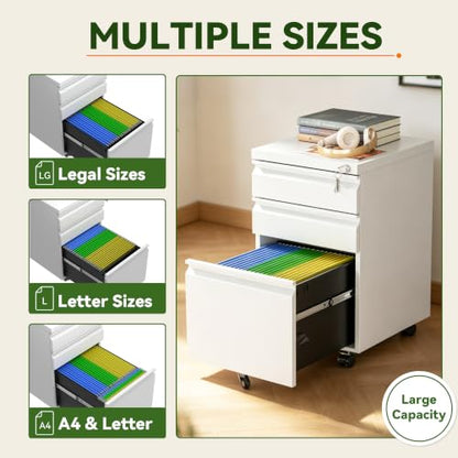 SAWJEC 3 Drawer Mobile File Cabinet Fully Assembled, White | 15"W x 17"D x 24"H, Fit Letter/Legal/A4, Vertical, Locking, Steel, Under Desk Storage, Filing Cabinet, Home Office - color: White, size: 24"H x 15"W x 17"D