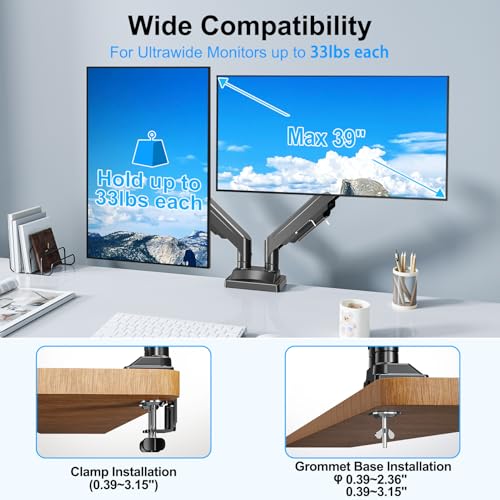 Dual Monitor Mount for Screens up to 43", Heavy Duty Monitor Arm | Ultrawide Desk Mount Holds 2.2-33lbs Each, Premium Gas Spring Adjustable Computer Monitor Arm for 2 Monitors, VESA Mount - style: Dual