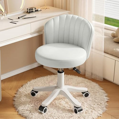 Small Round Rolling Desk Chair Armless Comfy Vanity Computer Chair Height Adjustable Swivel Work Spa Chair - color: White, style: Set of 1 with backrest