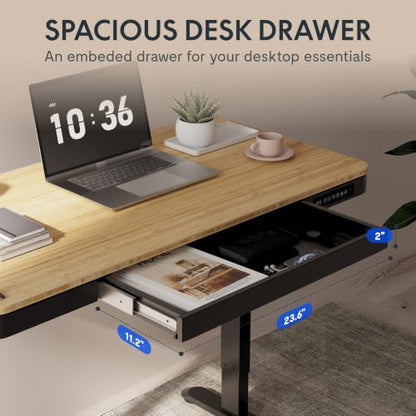 FLEXISPOT Comhar 48" Electric Standing Desk with Drawers, USB Charging Ports, Quick Assembly, Height Adjustable Sit Stand Desk with Child Lock for Natural Home Office, Bamboo Finish Top/Black Legs - size: 48"Bamboo Texture/Black