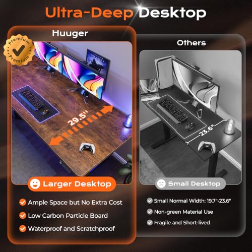 Huuger 71 x 30 Large Electric Standing Desk, Height Adjustable Computer Desk, 29.5" Deep Desktop, Stand up Gaming Office Table with 2 Hooks, 3 Preset Heights, for Home Office, Rustic Brown - color: Rustic Brown, size: 71*30 inch (no outlets)