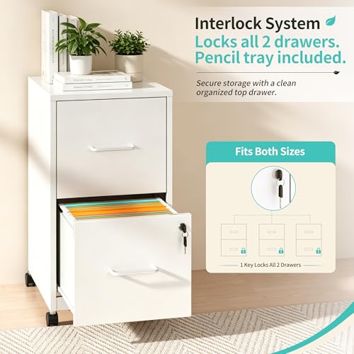 SAWJEC 2 Drawer Metal File Cabinet with Lock, White Mobile Filing Cabinet | 17.7"D x 15"W x 26.8"H, White Mobile Locking File Cabinet, Assembly Required, Fits Letter Hanging Files - color: White, size: 17.7"D x 15"W x 26.8"H