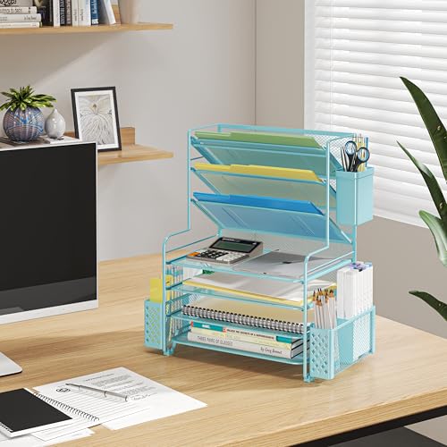 Simple Trending 7 Tier Desk File Organizer, Letter Tray Paper Organizer with Pen Holder and Metal Hanging Basket, Blue - color: Pen Holder Blue