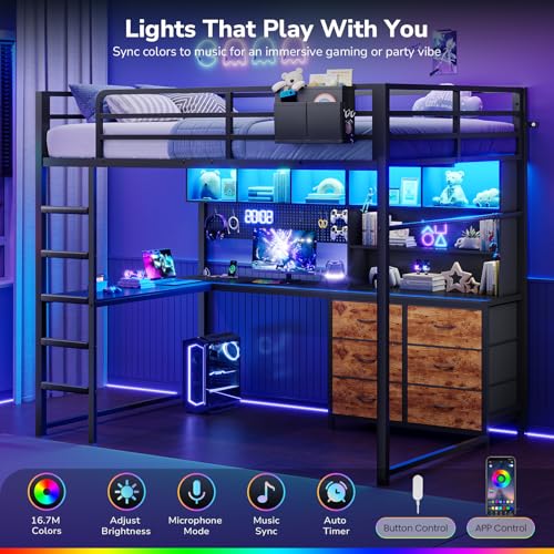 Full‑Size Black Metal Loft Bed with L‑Shaped Desk, LED & Charging Station - color: Black