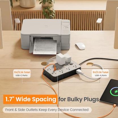 10 FT Surge Protector Power Strip with 6 USB, 16 Outlets, 2400J - color: Black / Gray, size: 10 FT