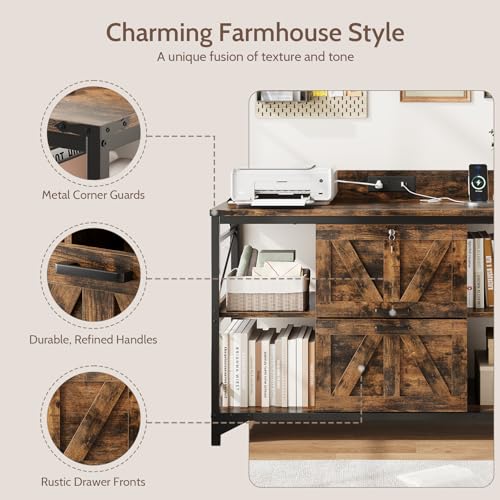 44" File Cabinet, Lateral Filing Cabinet for Home Office with 2 Drawers, Office Storage Cabinet with Lock and Key, Wooden Printer Stand with 4 Storage Shelves, Power Outlets, Bookshelf, Rustic Brown - color: Rustic Brown