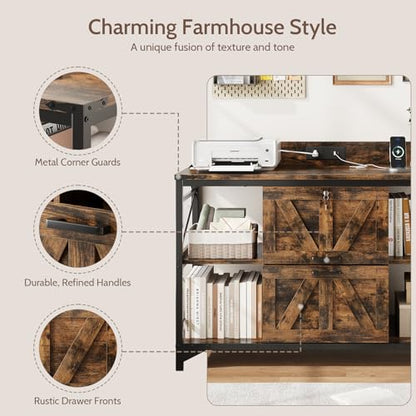 44" File Cabinet, Lateral Filing Cabinet for Home Office with 2 Drawers, Office Storage Cabinet with Lock and Key, Wooden Printer Stand with 4 Storage Shelves, Power Outlets, Bookshelf, Rustic Brown - color: Rustic Brown