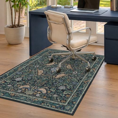 Blue & Green Botanical Office Chair Mat for Hardwood Floors, 36" x 48" Decorative Desk Chair Rug, Vintage Low Pile Washable Carpet for Home Office, Non Slip Backing, Floor Protector for Rolling Chair - color: Bird - Blue, size: 3' x 4'