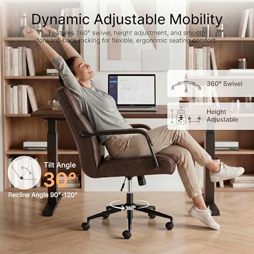 KISLOT Ergonomic Home Office Chair with Lumbar Support, Adjustable Swivel Modern Desk Chair with Wheels, Faux Leather Computer Chair with Padded Arms, Comfy Executive Office Chair, 2 PCS, Espresso - color: Espresso, size: Set of 2