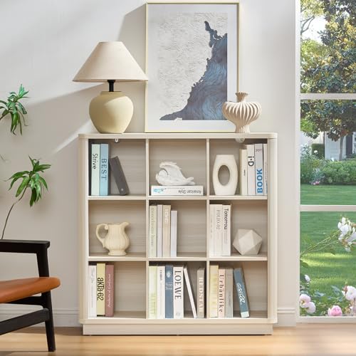 9 Cube Storage Book Shelf, 41" Tall Organizer Bookcase with Curved Edge, Wood Floor Standing 3-Tier Cubby Bookshelf with Base, Vintage Display Book Case for Bedroom,Office,White-Grey Cream Oak - color: Gray-white Cream Oak, size: 9 Cube (11.81"D x 40.5"W