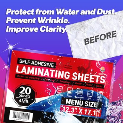 VIOLETTO 4mil Self-Adhesive Laminating Sheets 20 Pack, Menu Size, 12.3x17.1 Inches, No Machine Needed - size: Menu Size 20Pack
