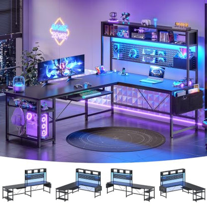 SEDETA 67" L Shaped Gaming Desk with Pegboard LED Lights and Power Outlet | Reversible Computer Desk with Keyboard Tray Hutch and Stoage Bag for Home Office, Black - color: Black With Power Outlet and Pegboard