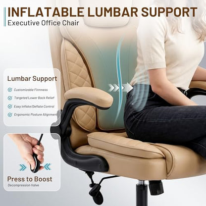 Ergonomic Office Chair, PU Leather High Back Executive Chair with Adjustable Inflatable Lumbar Support and Padded Flip-Up Arms, Recline Swivel Task Computer Chair for Home Office, Khaki - color: Khaki