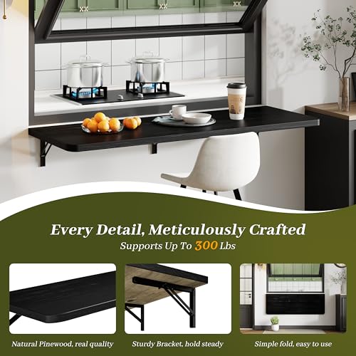 Dogsky Floating Wall Desk 48" x 16" - 300 lbs Heavy Duty Solid Pine - color: Black, size: 48" x 16"