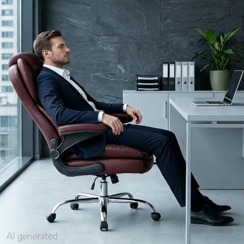Home Office Chair with Flip-Up Arms, Leather Executive Desk Chair, Brown | Ergonomic Lumbar Support, 500 LBS Capacity, Memory Foam Seat, Adjustable Height, 360° Swivel Casters for Work Study - color: Brown