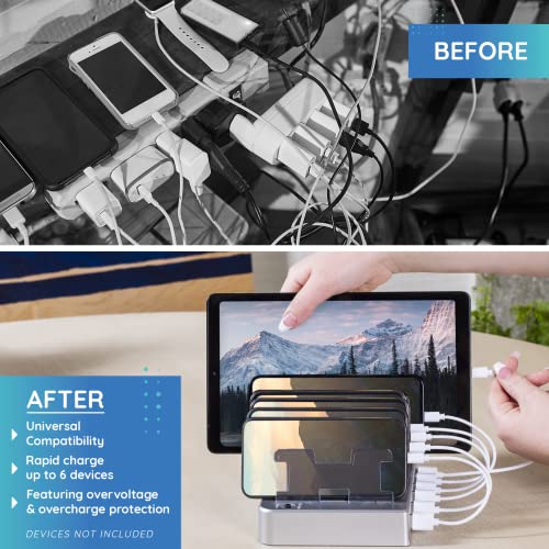 Fast Charging Station for Multiple Devices, 6-Port USB Charging Dock Silver | Smart IC Technology for Safe Charging, Organized storage, Works with Apple iPhone 14 and earlier & iPads, for home, office - color: Silver