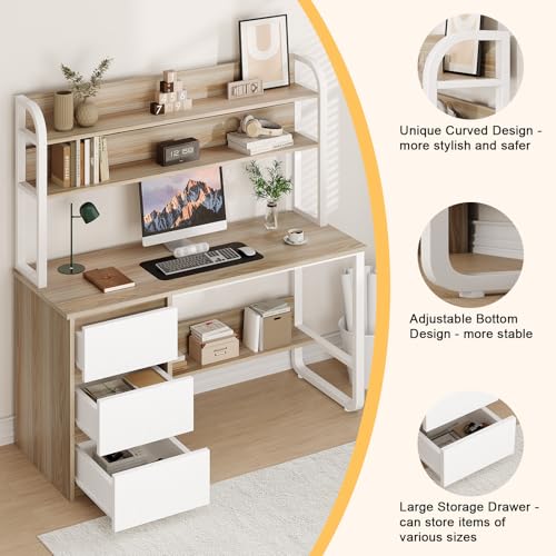 MaverickFurni 55 Inch Computer Desk with Hutch and 3 Drawers, Natural Oak - color: Natural Oak, size: 55"W