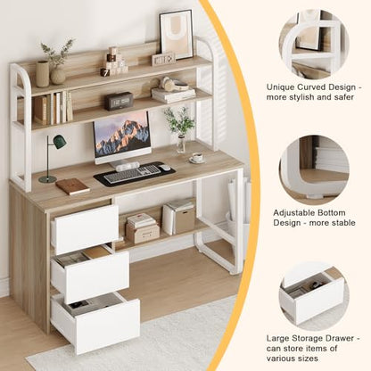 MaverickFurni 55 Inch Computer Desk with Hutch and 3 Drawers, Natural Oak - color: Natural Oak, size: 55"W
