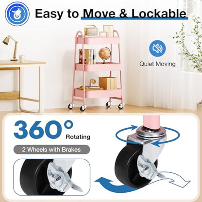 DUMOS 3 Tiers Rolling Cart, Utility Cart, Metal, Pink | Mobile Storage, Lockable Wheels, Utility Shelving Unit, Kitchen, Bathroom, Laundry, Narrow Places - color: 3 Tiers Pink