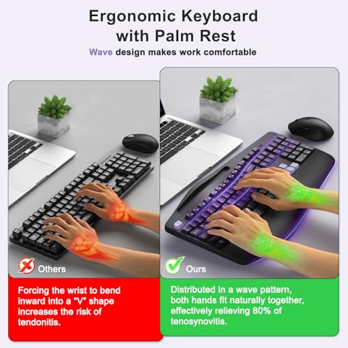 Wireless Keyboard and Mouse Combo, Full Size Ergonomic Wave Keys(Purple-B) - color: Purple Black