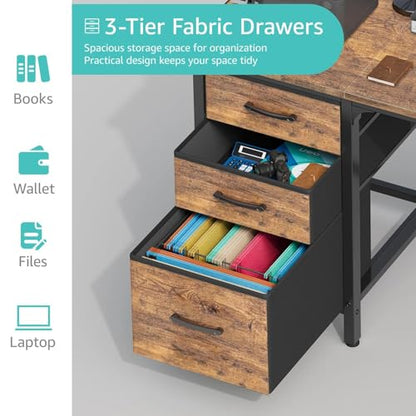 Lufeiya Computer Desk with File Drawers Cabinet, 47 Inch Reversible Home Office Desks with Fabric Filing Cabinet for Small Space, Study Writing Table PC Desks, Rustic Brown - color: Rustic Brown, size: 46.6"